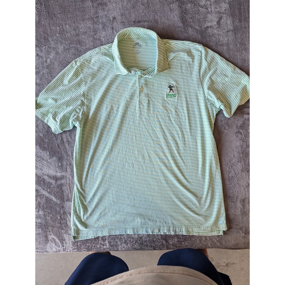 Peter Millar Seaside Wash Polo Shirt Mens XL Green White Stripe Sherwood CC Logo